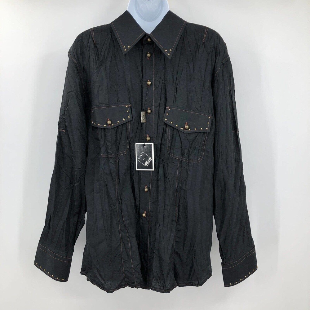 Inserch Men’s Western Crinkle Shirt Size L Black Button Front Beaded Embellished - Picture 3 of 9